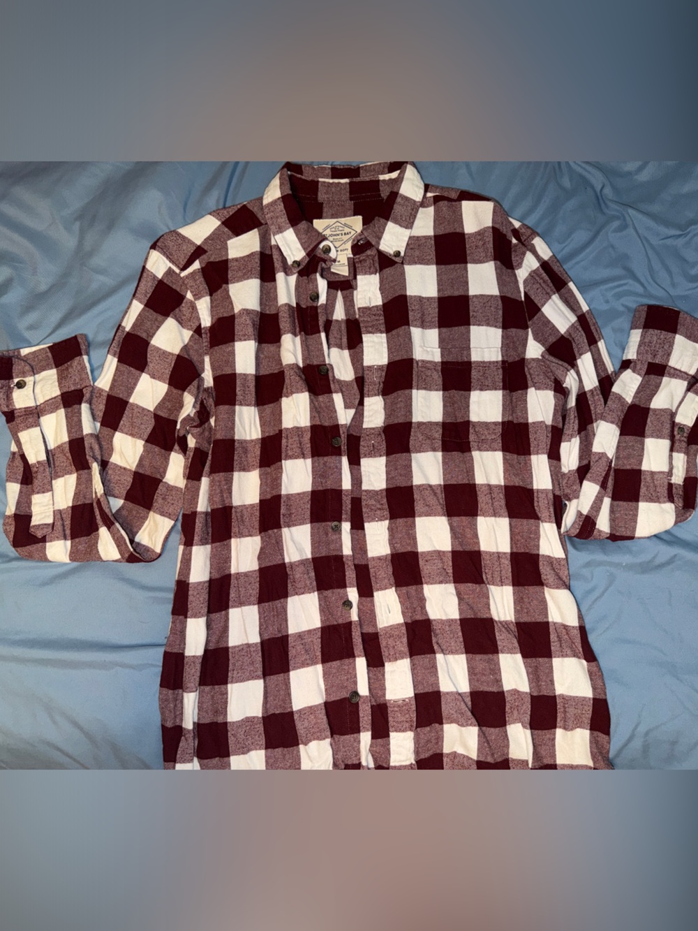 St Johns Bay Men's Burgundy and White Check Plaid Button-Up Shirt